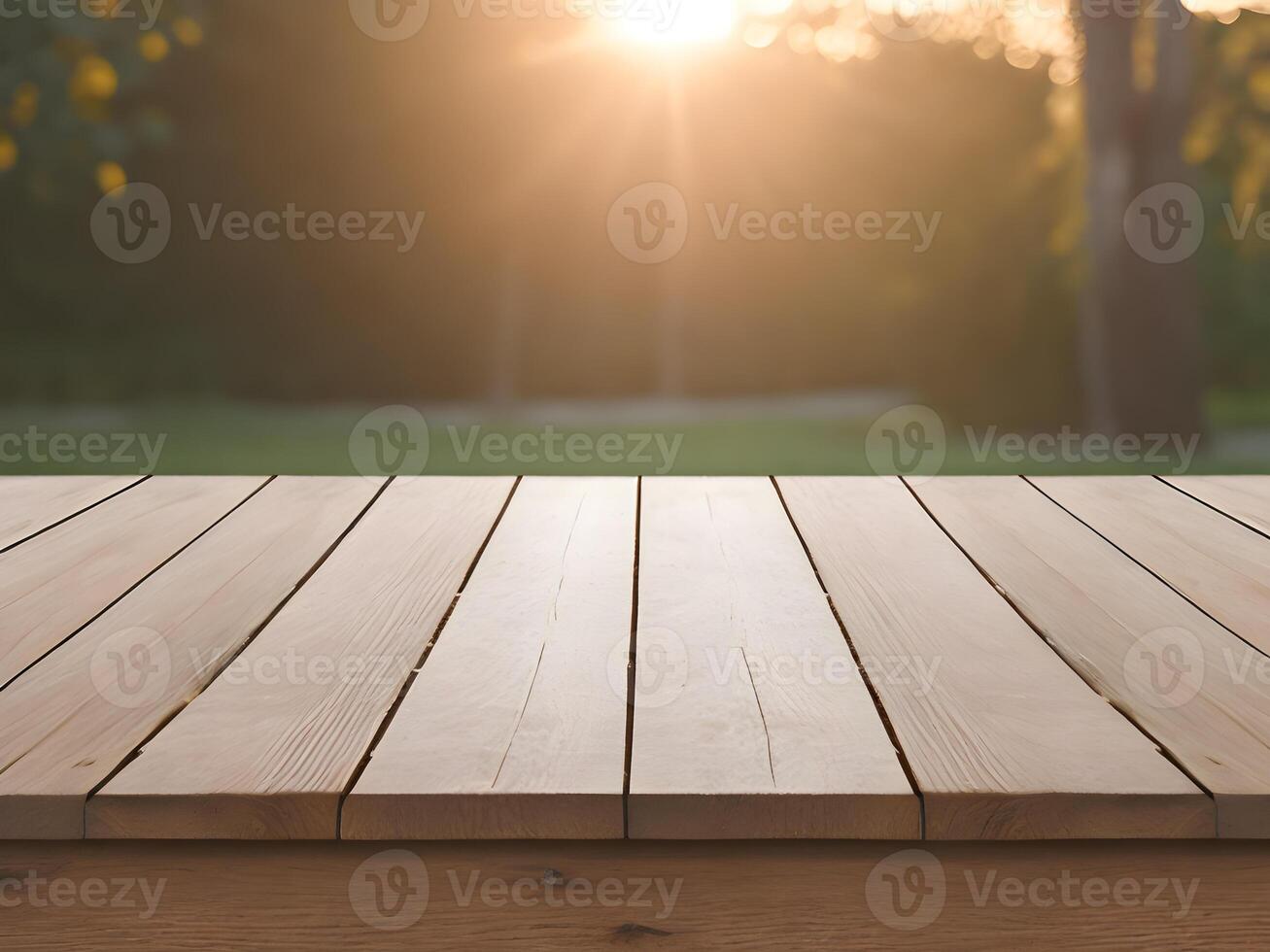 Empty wooden table top on blur morning background. photo