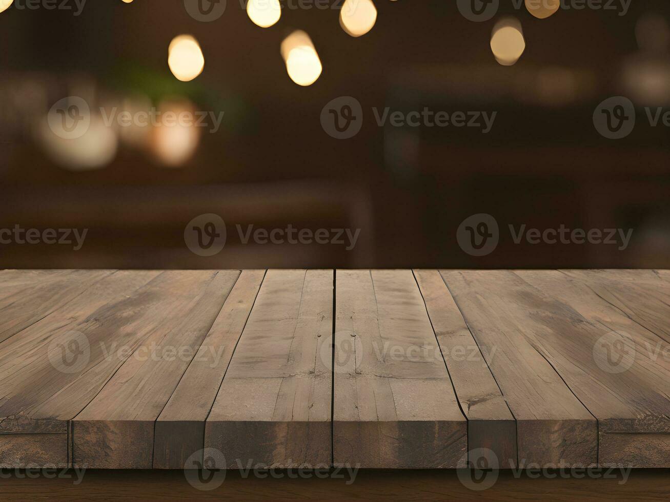 Empty wooden table top on blur restaurant background. photo