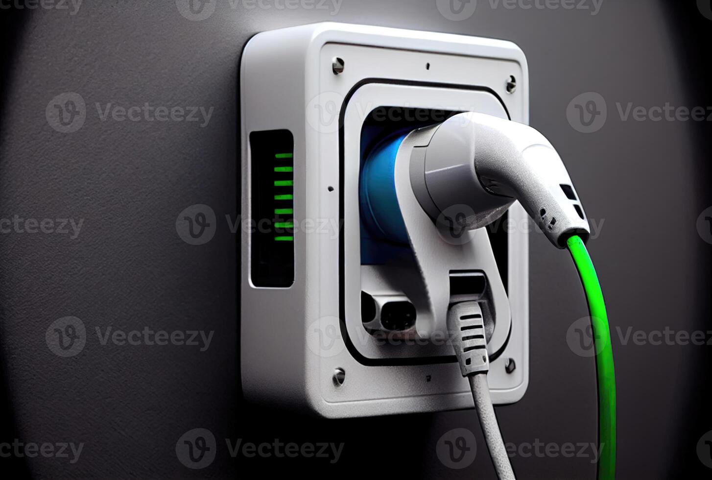 EV car plug charger on building wall at house. Technology and transportation concept. photo