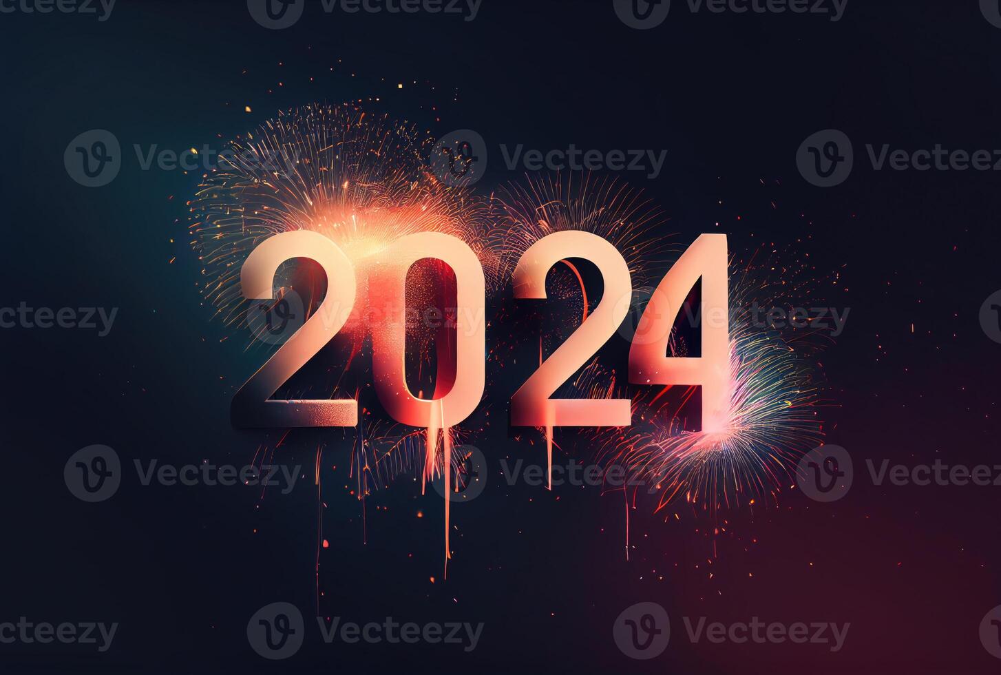 2024 nuevo año celebracion con vistoso fuegos artificiales en oscuro antecedentes. contento nuevo año el año de continuar y saludo tarjeta concepto. generativo ai foto