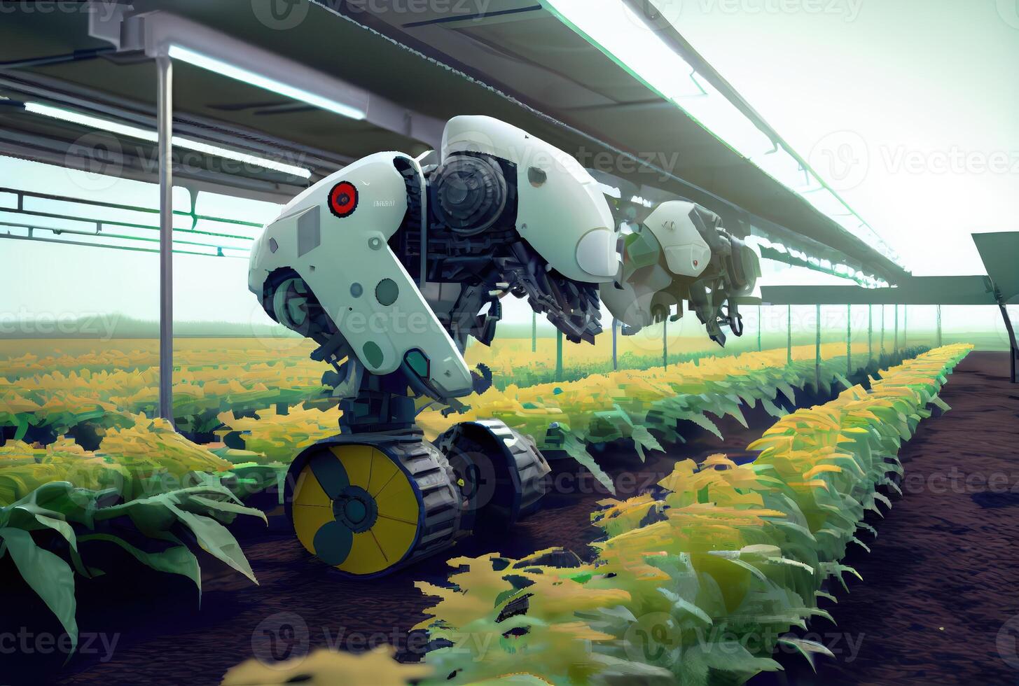 Robot farming harvesting agricultural products in greenhouse. Innovative futuristics technology and 5G smart farming concept. photo