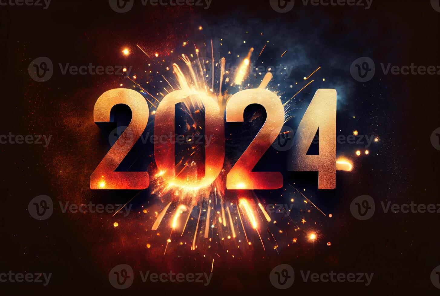 2024 nuevo año celebracion con vistoso fuegos artificiales en oscuro antecedentes. contento nuevo año el año de continuar y saludo tarjeta concepto. generativo ai foto