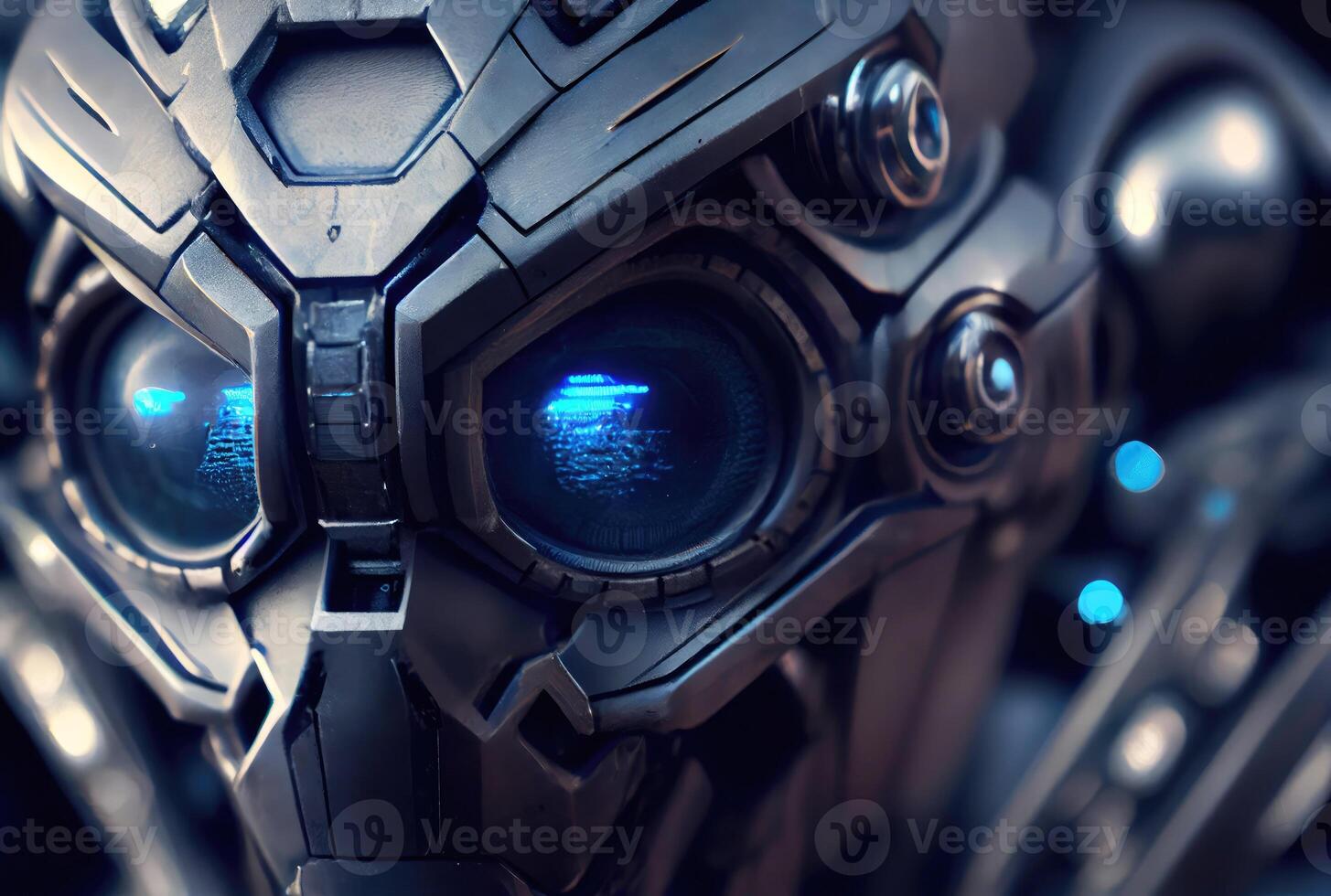 Closeup of blue robot eyes with metallic structure background. Technology and Innovation concept. photo
