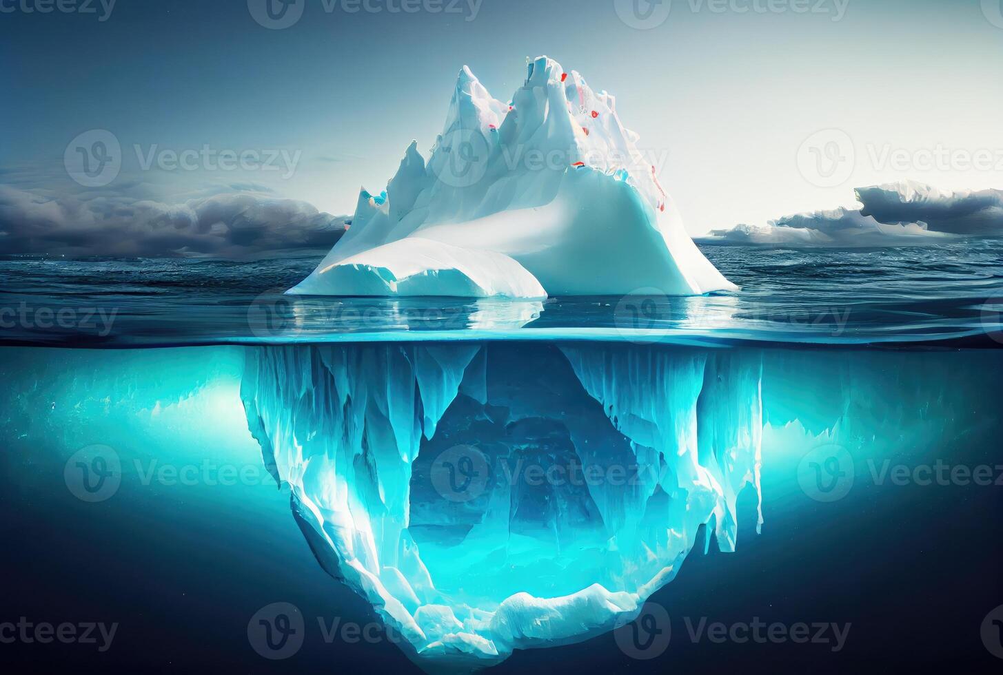 grande iceberg terminado el azul mar superficie antecedentes. paisaje y negocio metáfora concepto. digital Arte ilustración tema. generativo ai foto