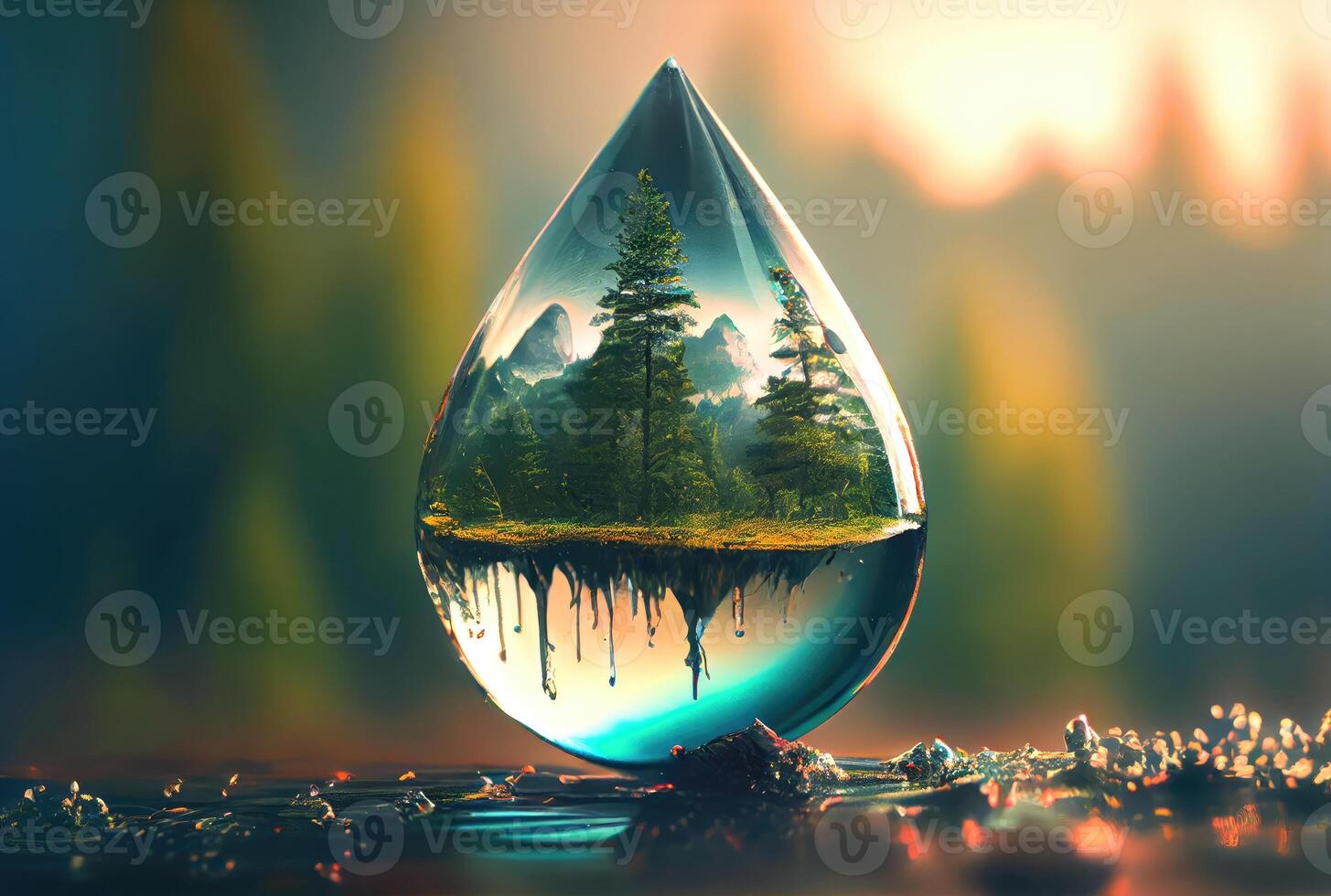 Water drop reflected with the green forest and the lake or waterfall background. World water day and Earth day concept. photo