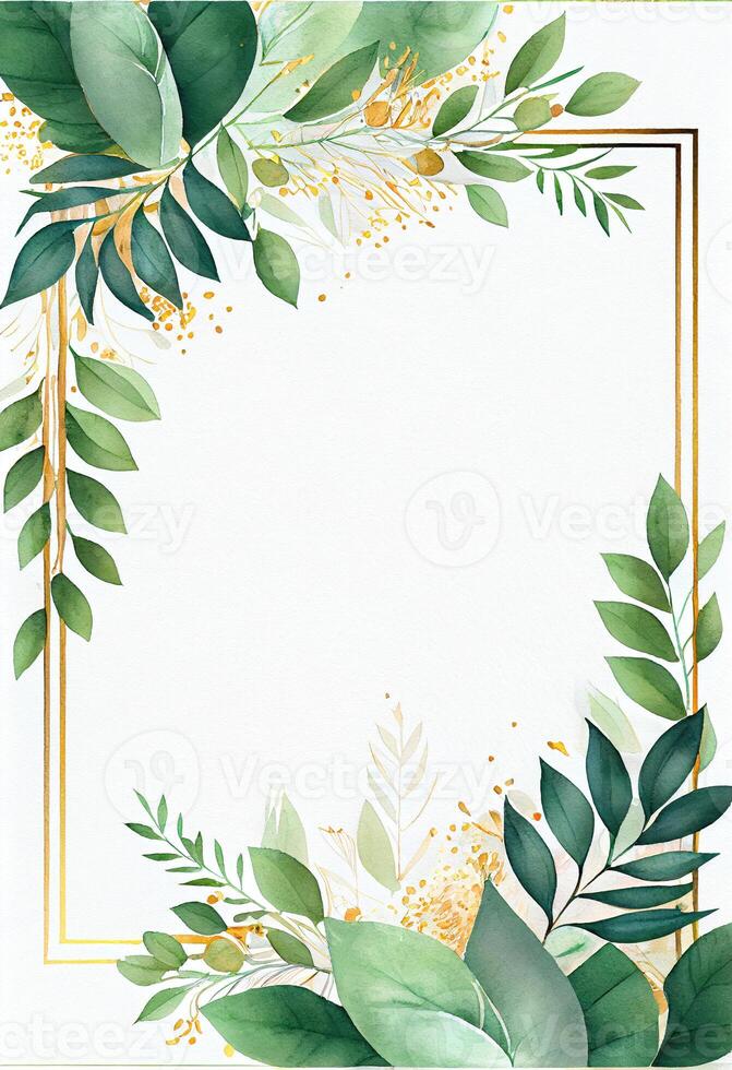 Green leaves with golden frame template and copy space for greeting wedding card and advertising concept art. photo