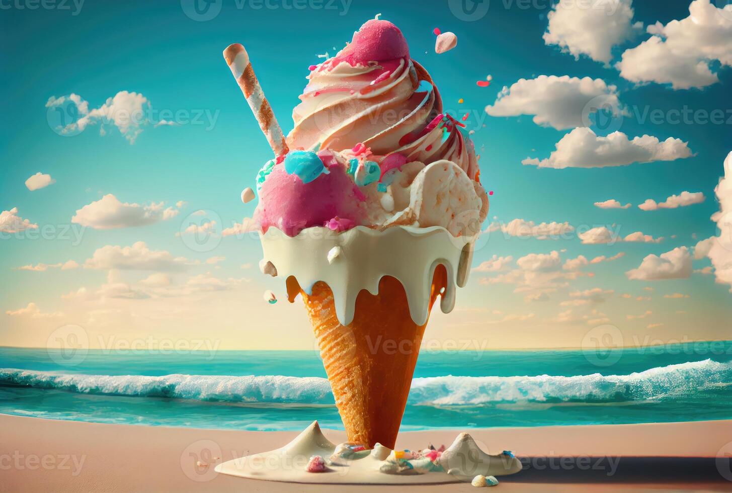 Ice cream cone with sweet toppings on beach sea and blue sky in summer background. Summer food and fun concept. Digital art illustration theme. photo