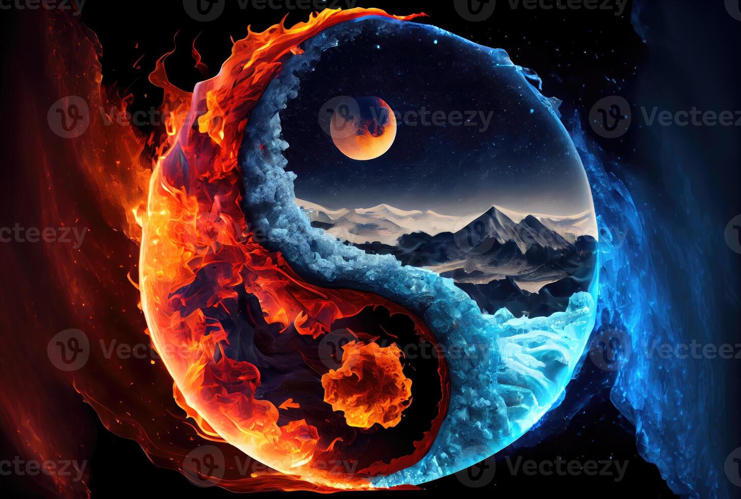 fuego y hielo clima en el yin y yang en oscuro antecedentes. resumen y contraste símbolo concepto. generativo ai foto