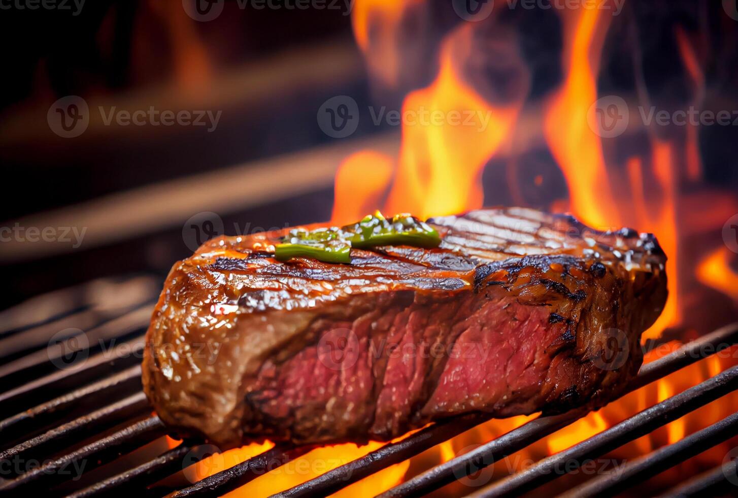 T-Bone steak or Porterhouse on grill with blazing fire flame. Food and cuisine concept. photo