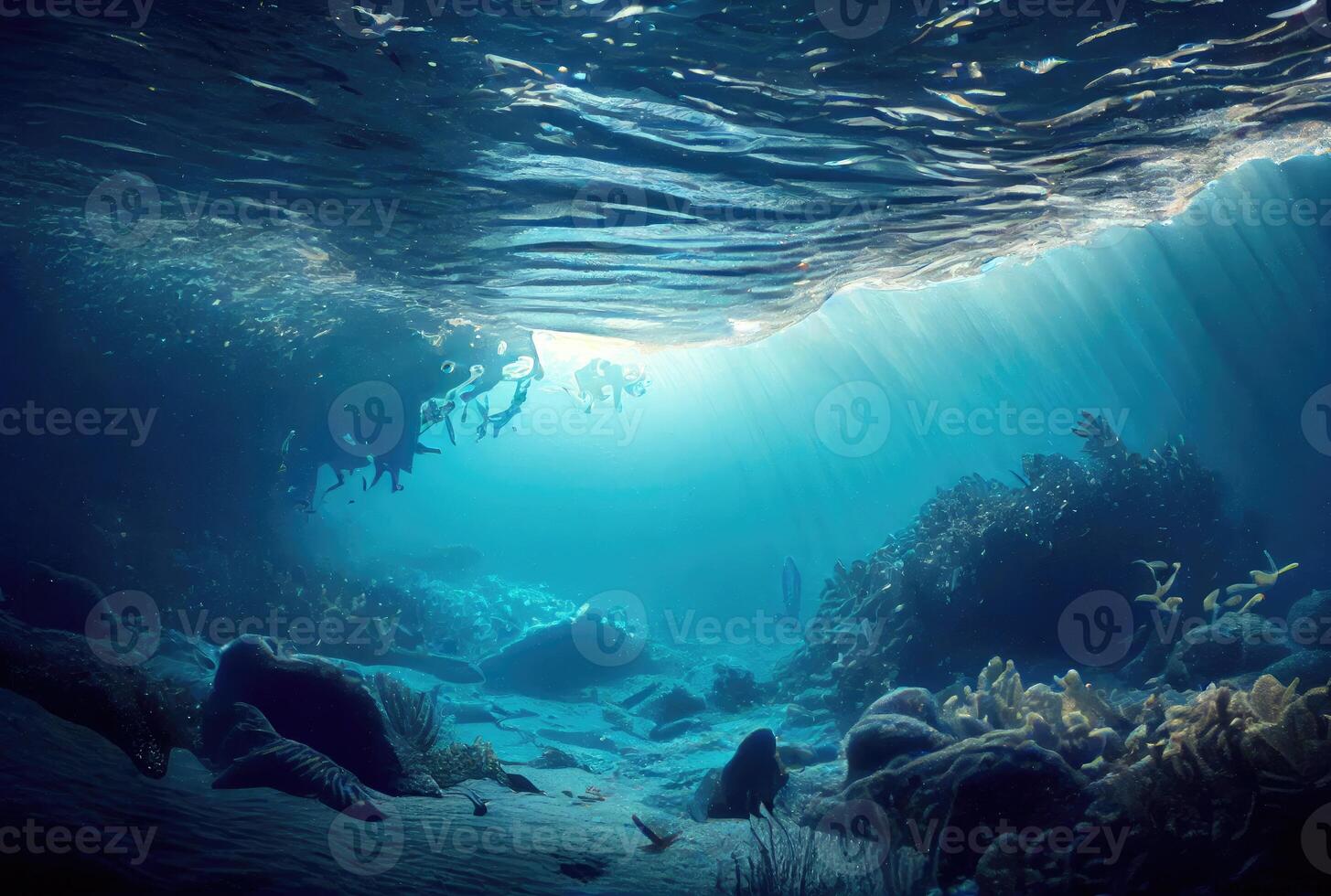 Deep sea and aquatic life with sunshine background. Digital art illustration. Marine life and undersea concept. photo