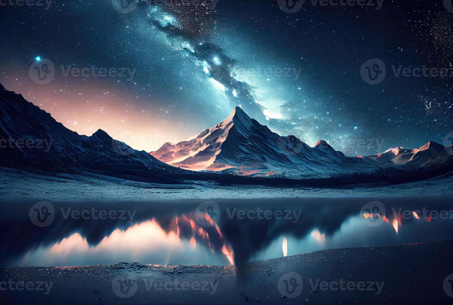 Starry night landscape with mountain and milky way sky background. Beauty in nature and Astrology science concept. Digital art fantasy illustration. photo