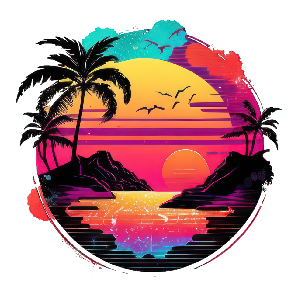 colorida pôr do sol em a tropical ilha. lindo oceano de praia com Palmeiras e iate ilustração ai generativo png