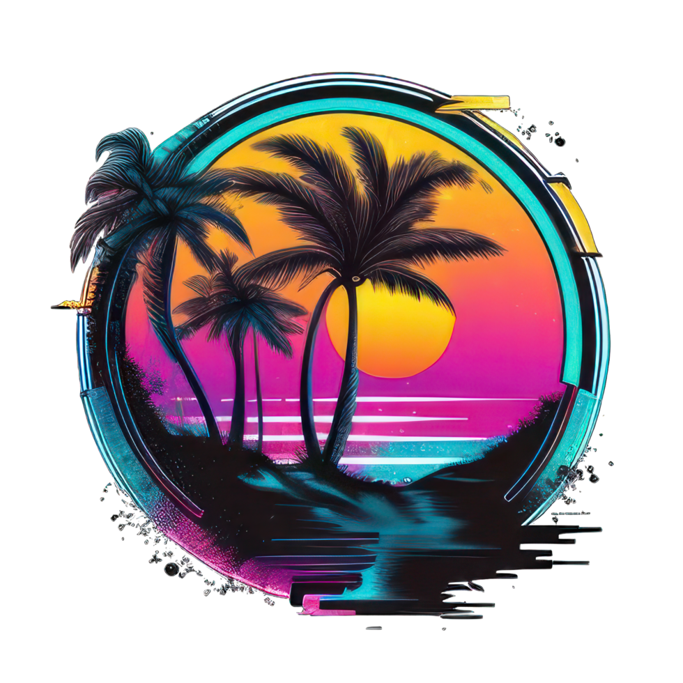bunt Sonnenuntergang auf das tropisch Insel. schön Ozean Strand mit Palmen und Yacht Illustration ai generativ png