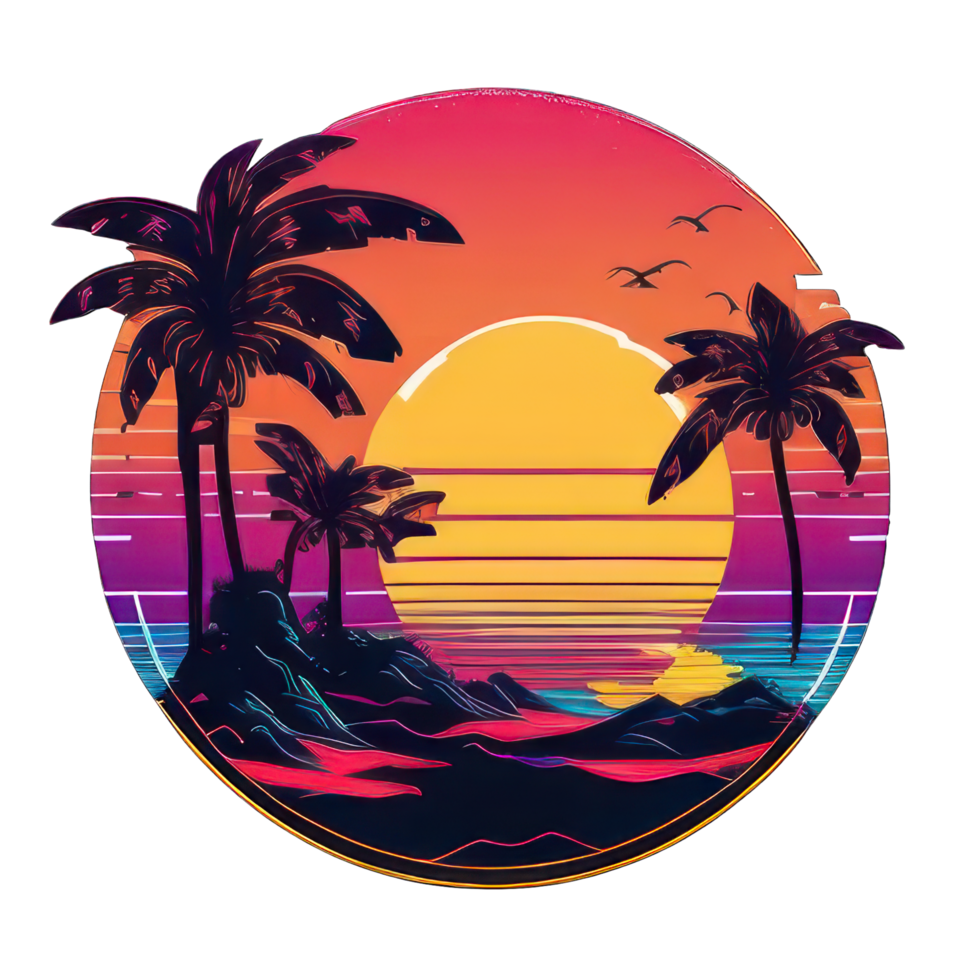 Colorful sunset on the tropical island. Beautiful ocean beach with palms and yacht illustration png