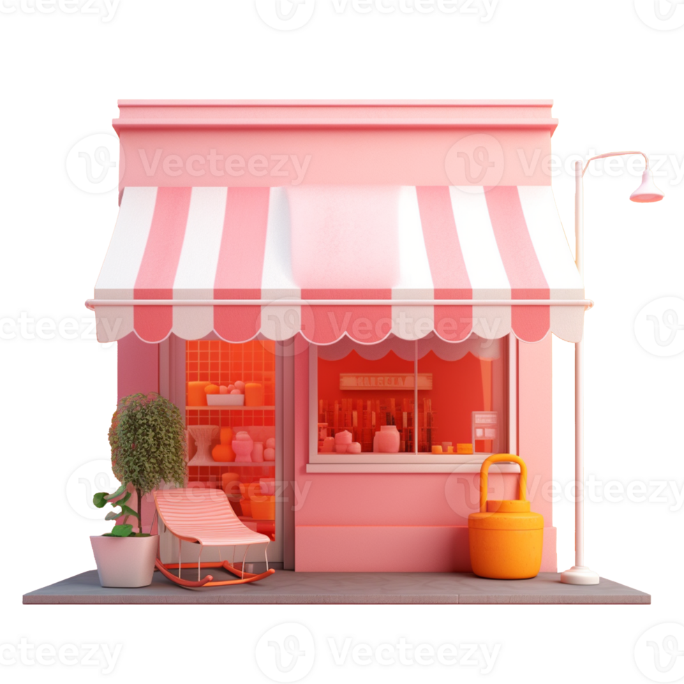 shop front in 3D style trending color palette with png