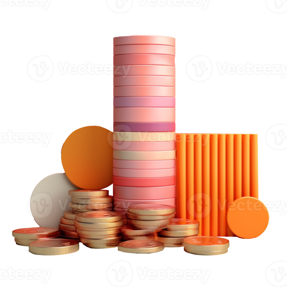 pile of gold coins in 3D style trending color palette with png