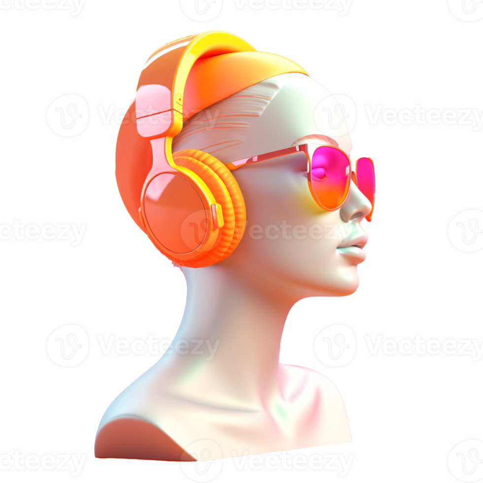 Statue with headphones in 3D style trending color palette with png