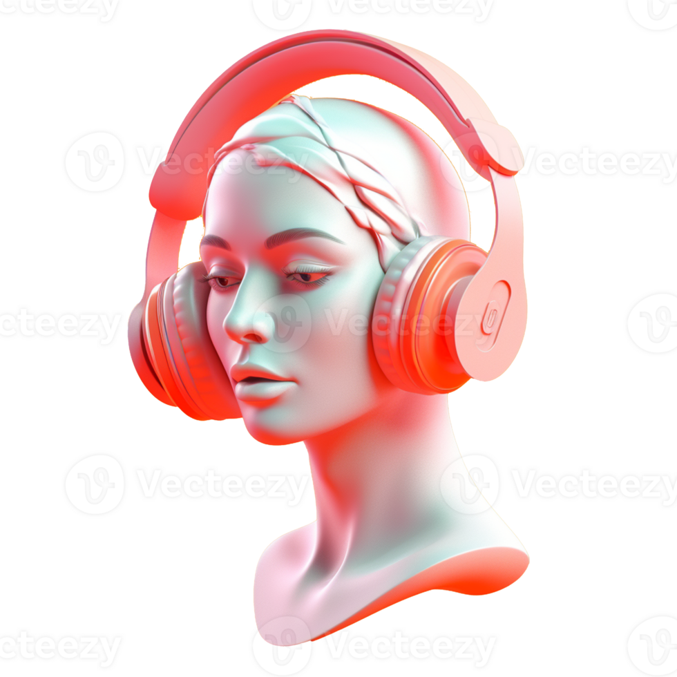 Statue with headphones in 3D style trending color palette with png