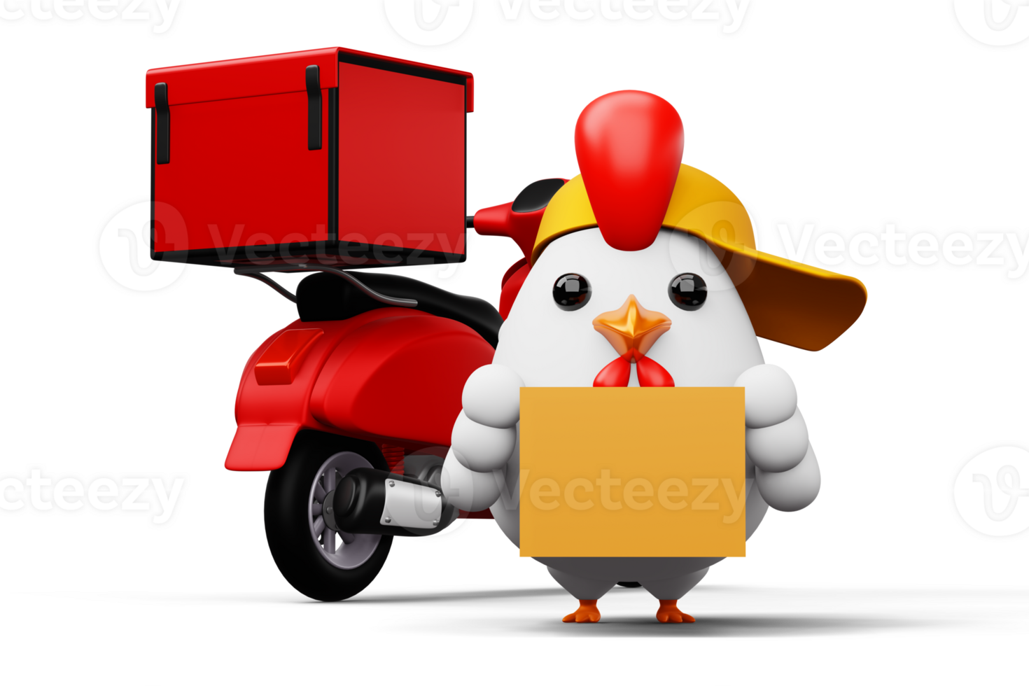 Cute chicken holding a parcel box, delivery chicken, 3d rendering png
