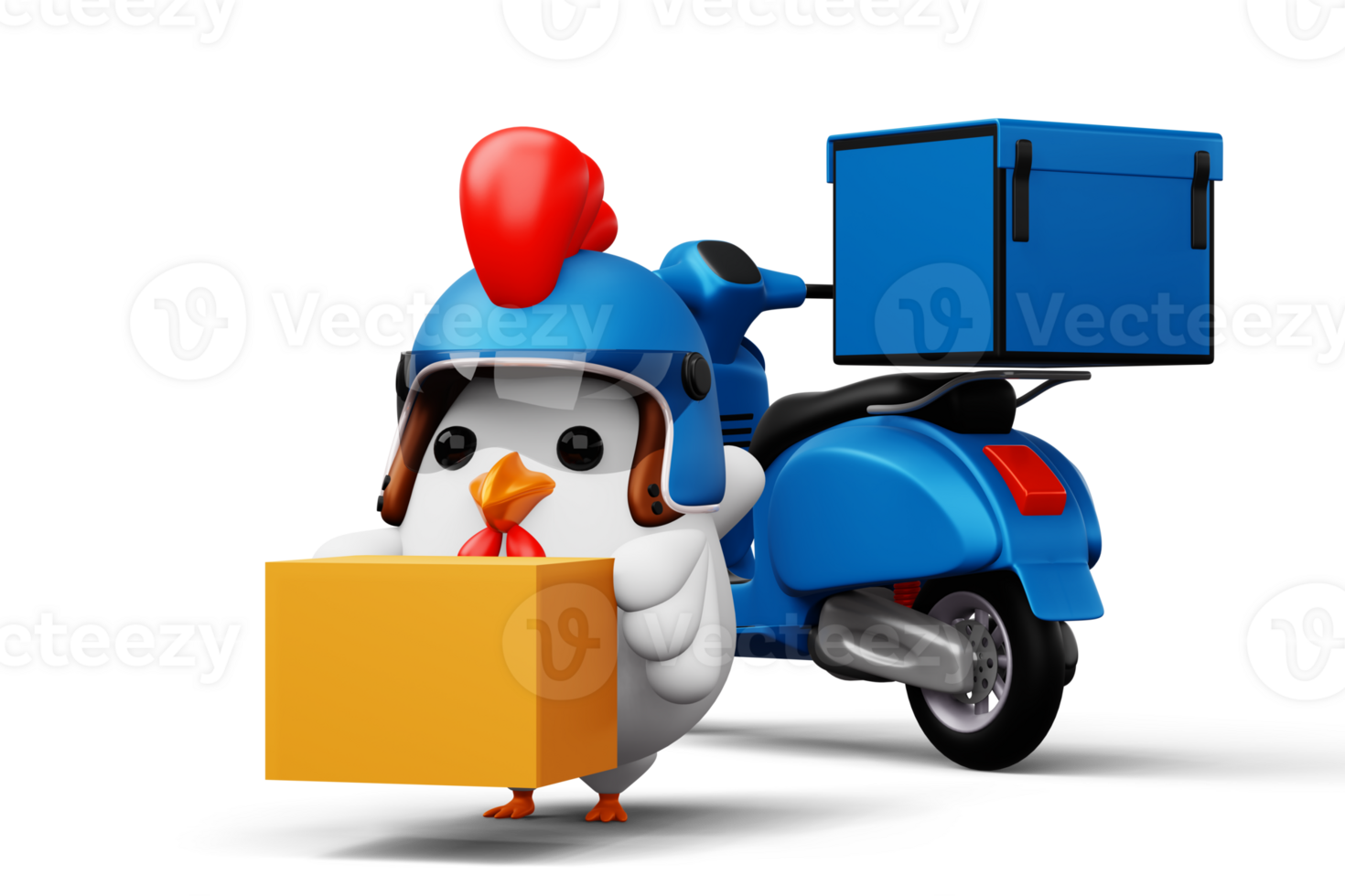 Cute chicken holding a parcel box, delivery chicken, 3d rendering png