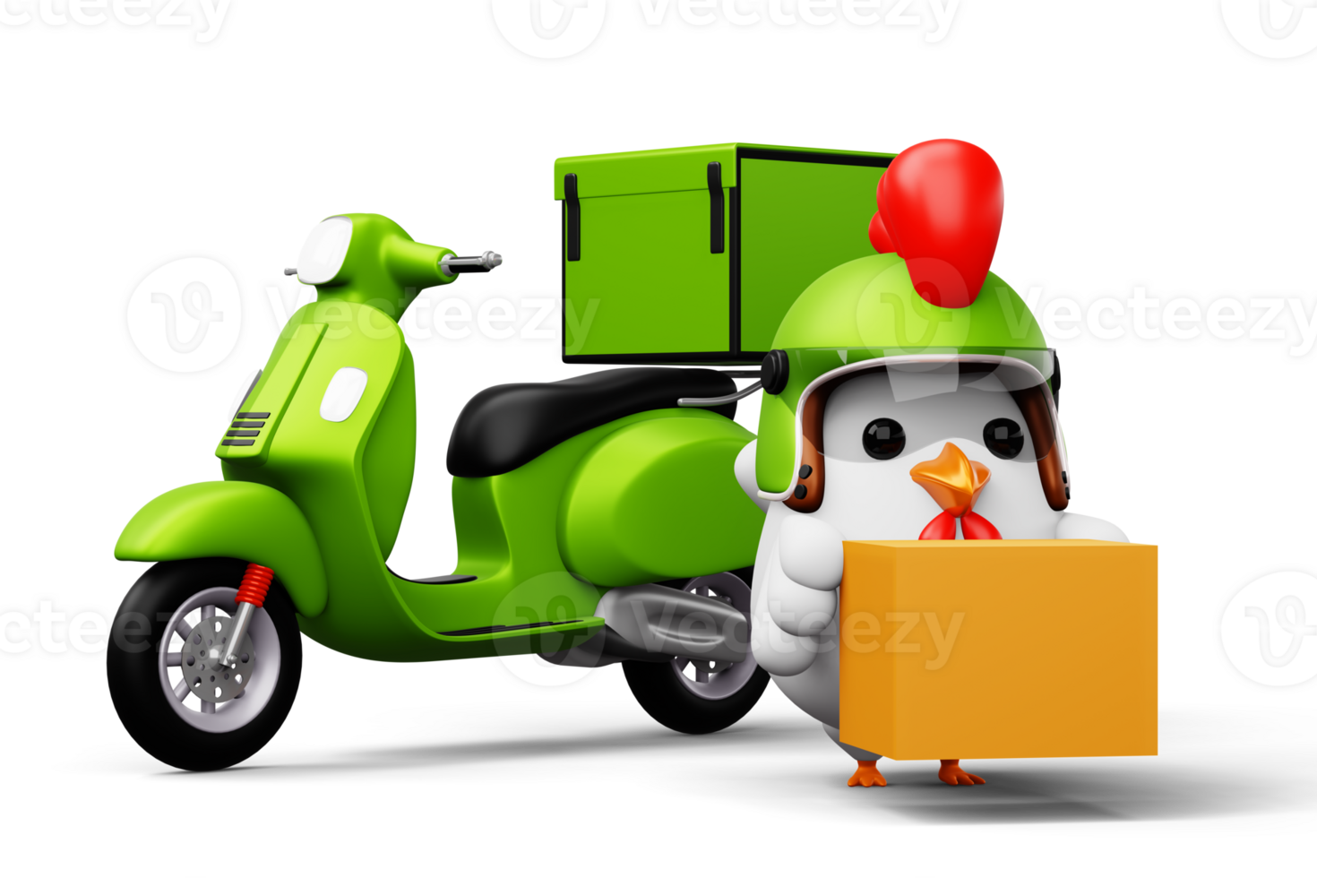 Cute chicken holding a parcel box, delivery chicken, 3d rendering png