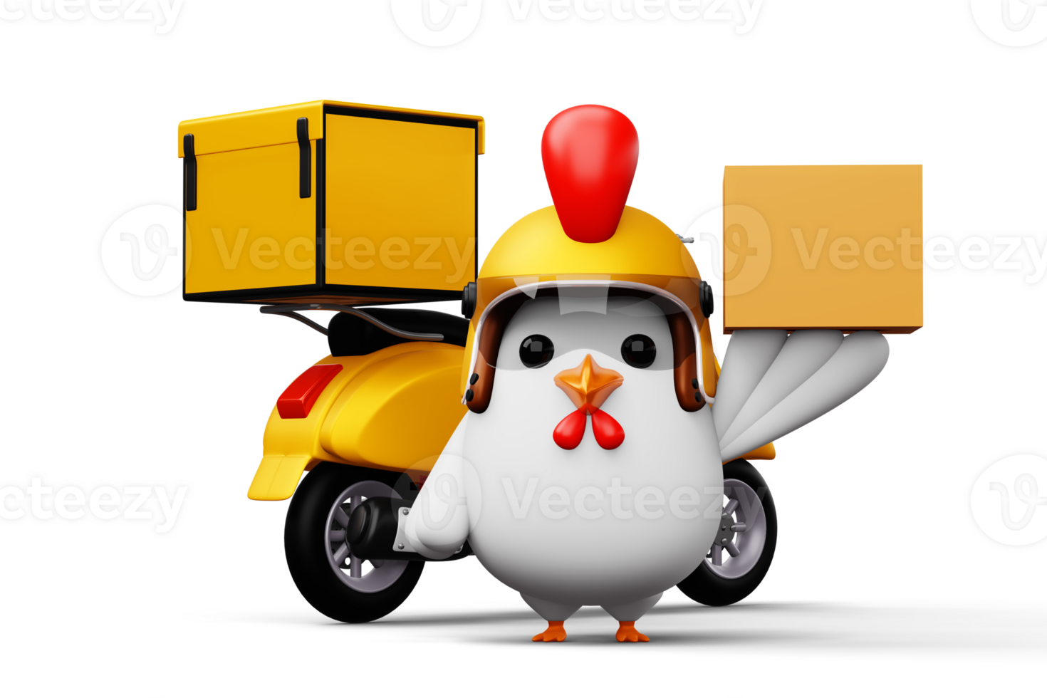 Cute chicken holding a parcel box, delivery chicken, 3d rendering png