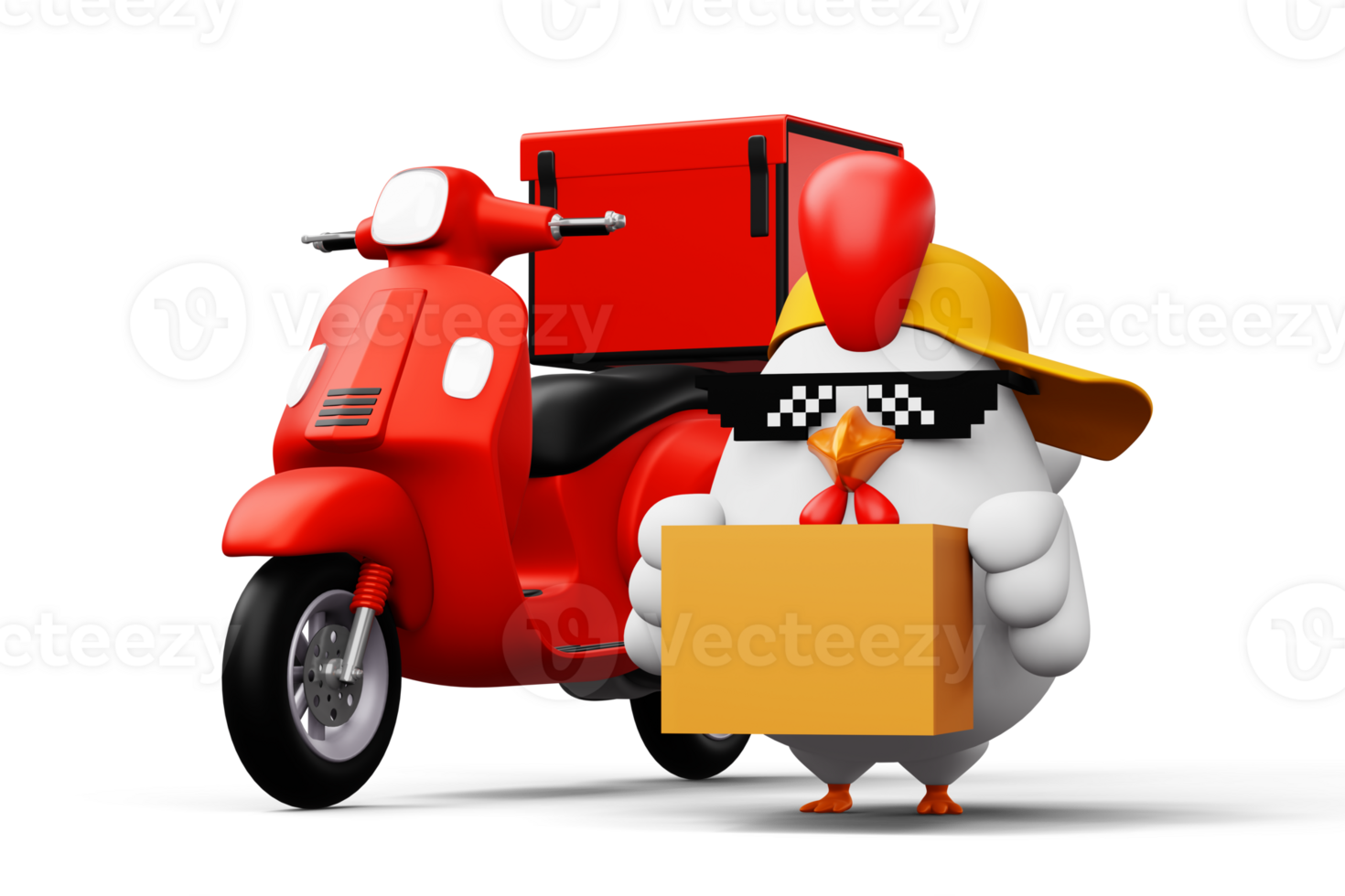 Cute chicken holding a parcel box, delivery chicken, 3d rendering png