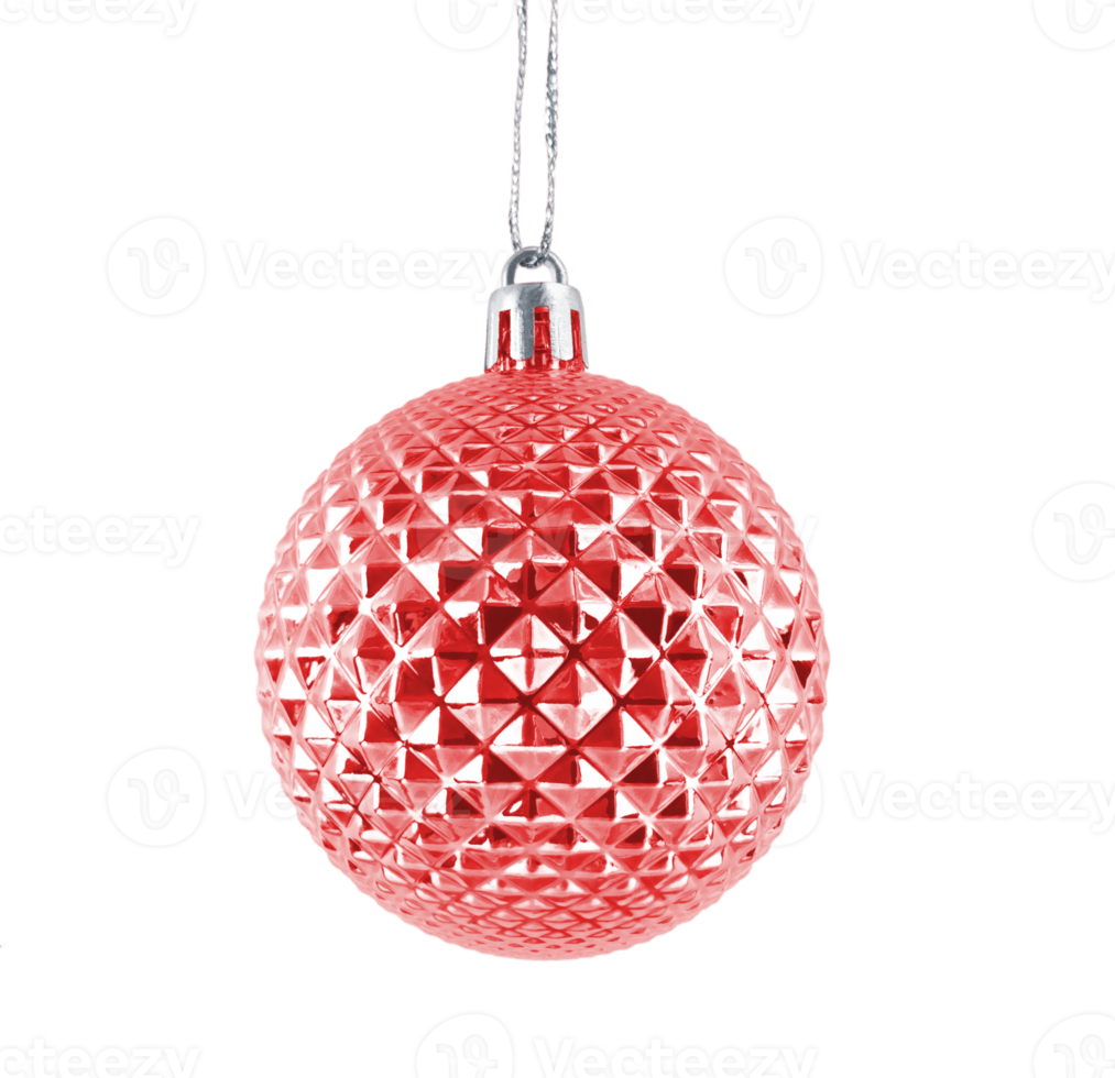 Hanging red shiny Christmas bauble isolated on transparent background. png