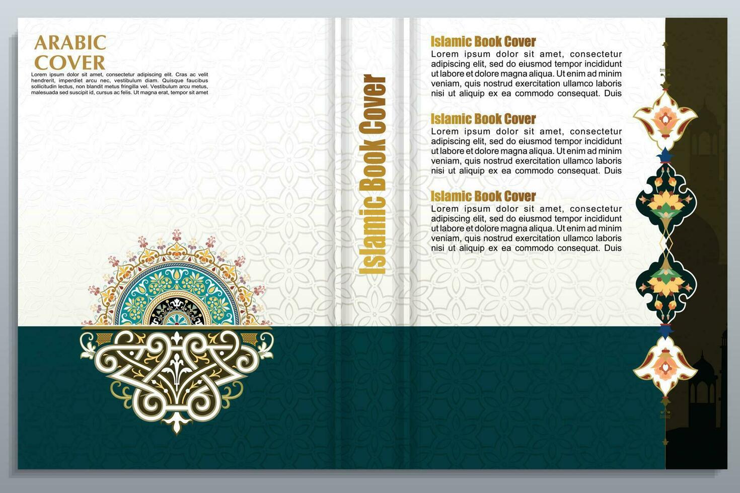 Arábica islámico estilo libro cubrir diseño con ornamento floral vector antecedentes