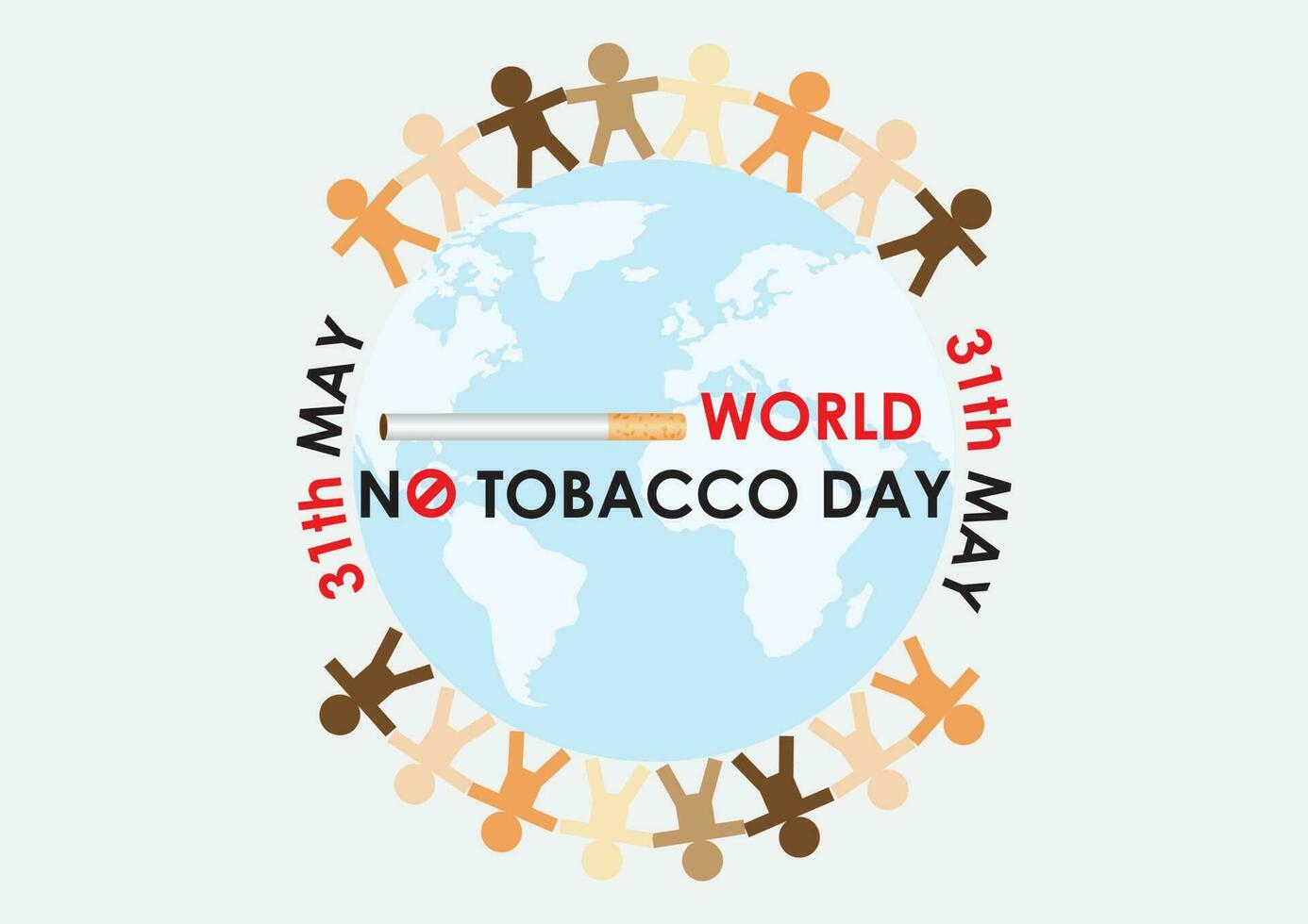 Image of cigarette and WORLD NO TOBACCO letters on earth with the day of event and colorful people in paper cut holding hands together in no tobacco campaign standing around. All in vector design.