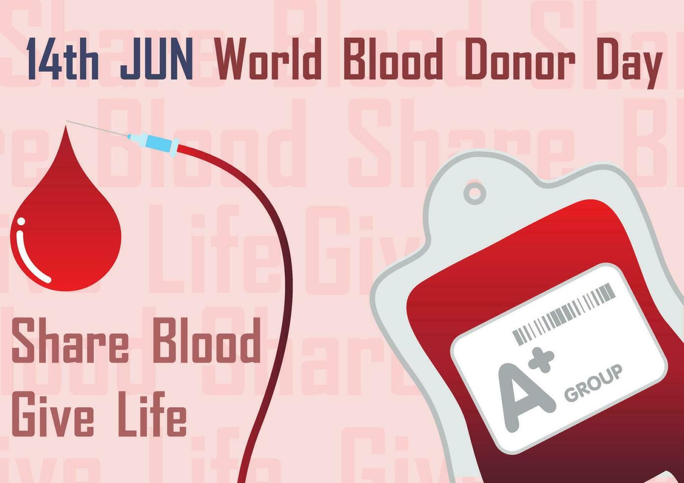 Blood bag and transfusion line make in heart, heart rate shape with the day and name of World Blood Donor Day on blue world map background. All in vector design.