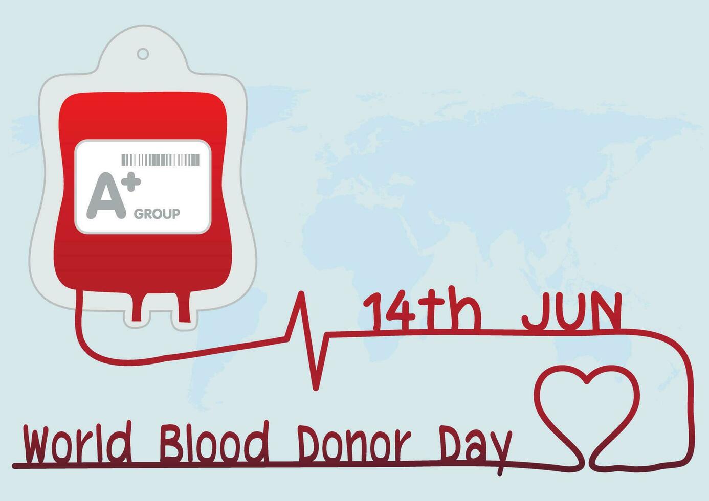 Blood bag and transfusion line make in heart, heart rate shape with the day and name of World Blood Donor Day on blue world map background. All in vector design.