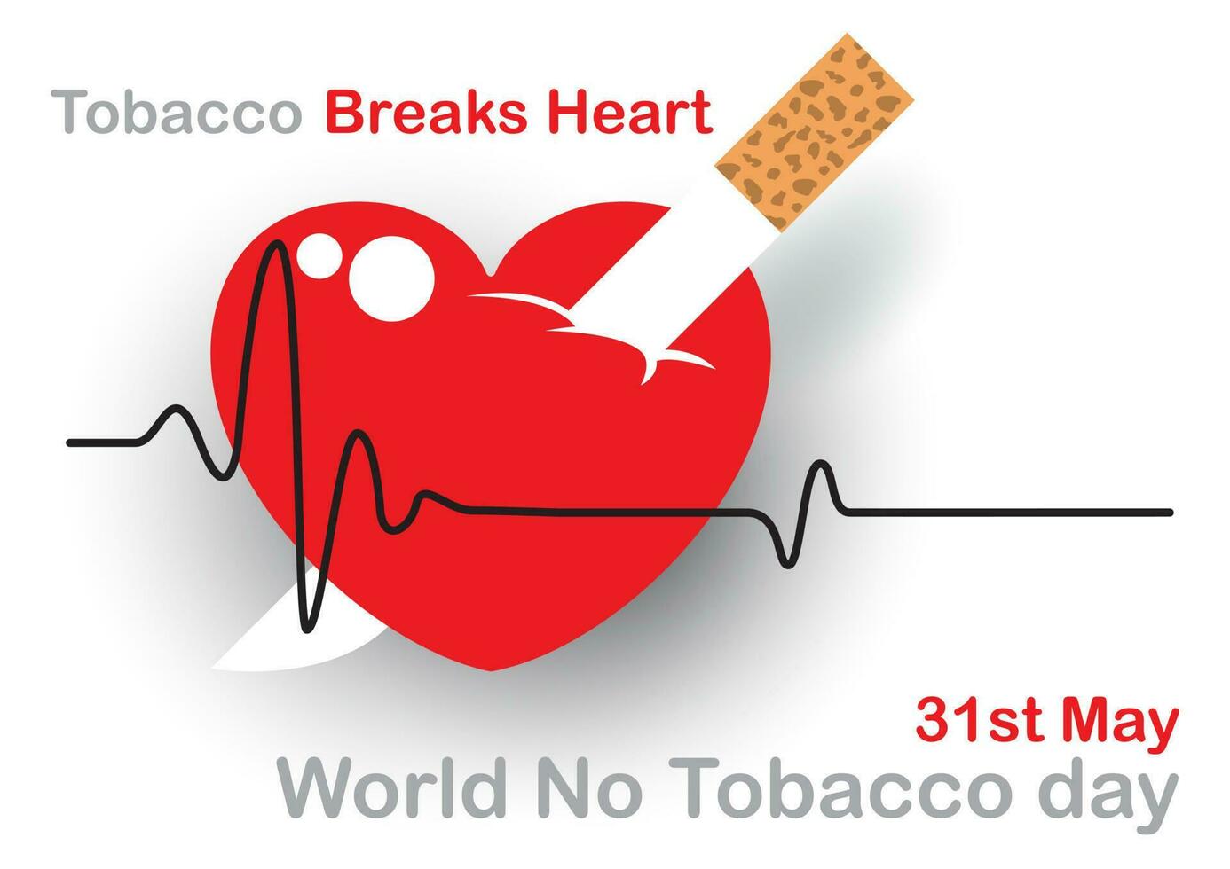 Image of heart rate line or pulse with cigarette in knife shape stab on big red heart with slogan of World Tobacco Day campaign and the day of event on corner on white background. vector