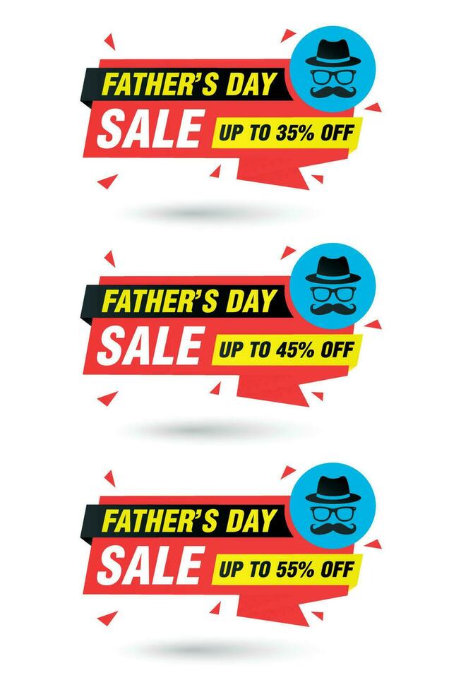 Fathers day sale red origami labels set. Sale 35, 45, 55 off discount vector