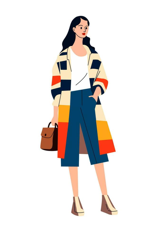 Stylish female image. Young girl in fashionable clothes. Modern casual look on a young woman. Vector flat illustration.