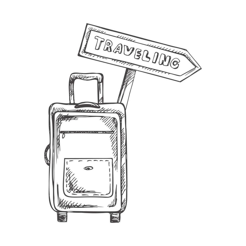 Hand drawn sketch of suitcase with signpost with inscription traveling. Vintage vector illustration isolated on white background. Doodle drawing.