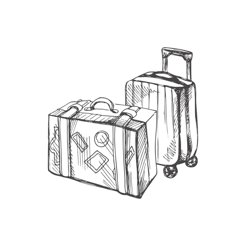 Hand drawn sketch of suitcases. Vintage vector illustration isolated on white background. Doodle drawing.