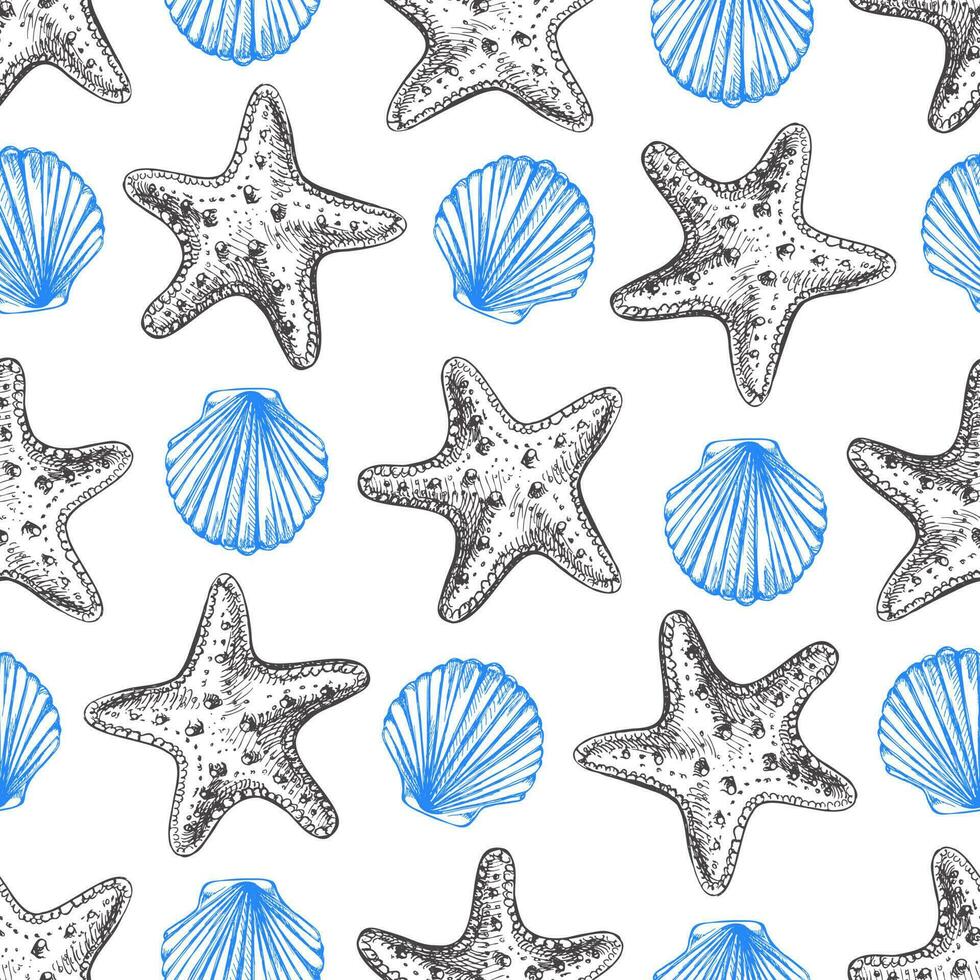 Hand drawn vector illustrations - seamless pattern of seashells and starfish. Marine background. Perfect for invitations, greeting cards, posters, prints, banners, flyers etc