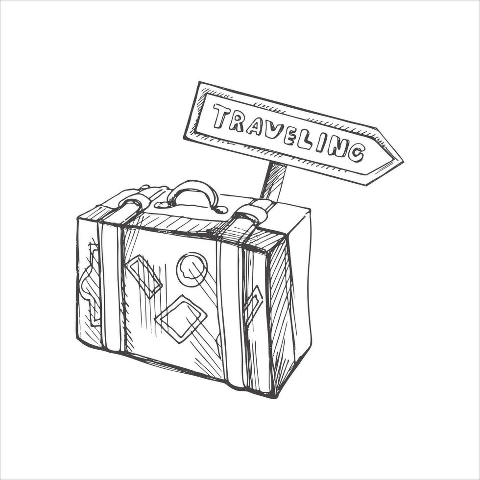 Hand drawn sketch of suitcase with signpost with inscription traveling. Vintage vector illustration isolated on white background. Doodle drawing.