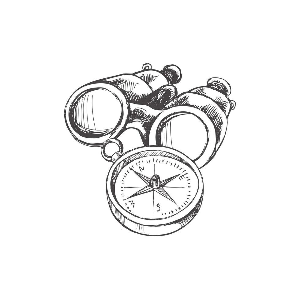 Hand drawn sketch of binoculars and  compass. Vintage vector illustration isolated on white background. Doodle drawing.
