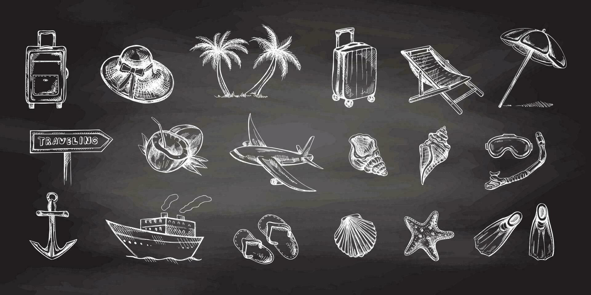 Hand drawn sketch set of travel icons isolated on chalkboard background. Sea  Tourism and adventure icons.. vector