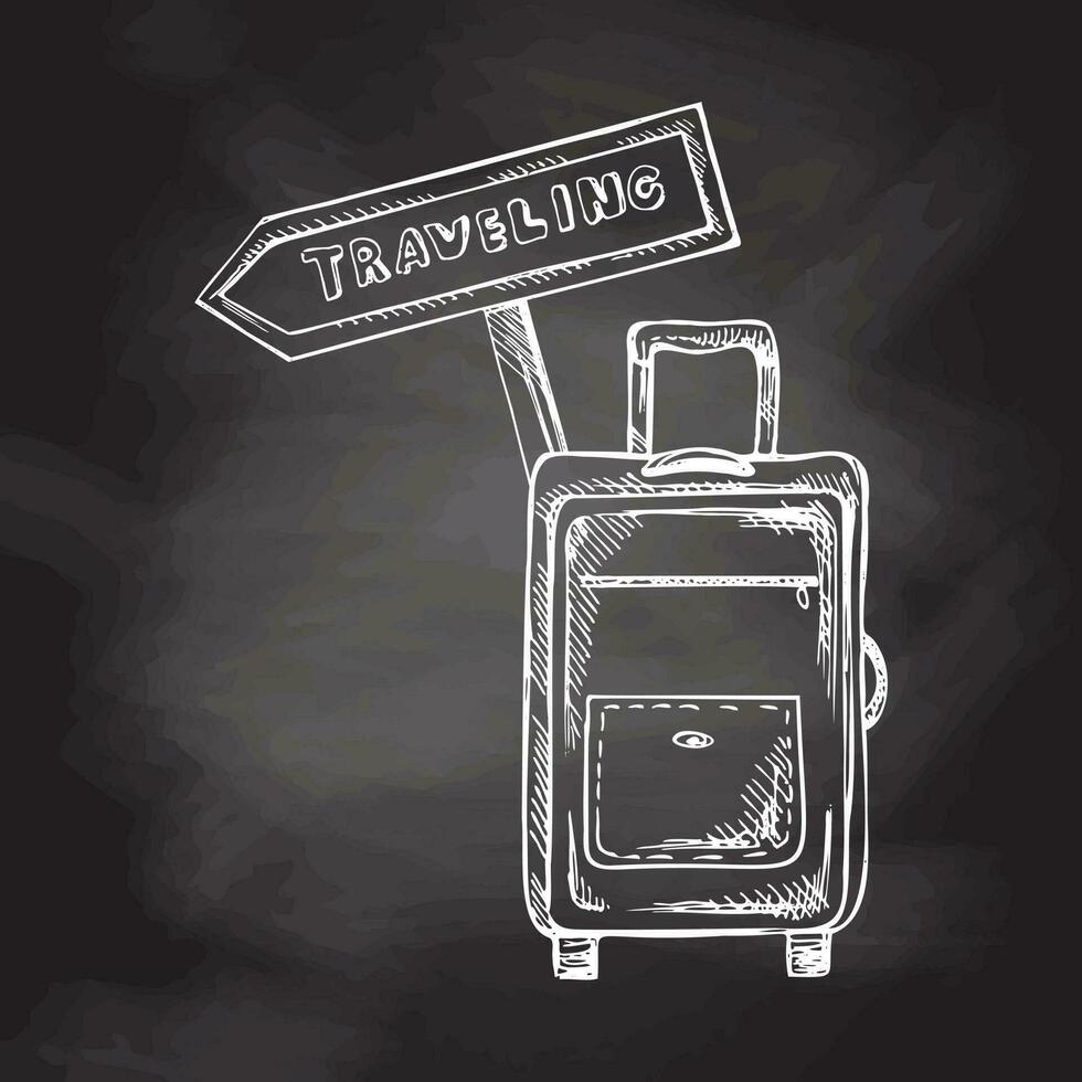 Hand drawn sketch of suitcase with signpost with inscription traveling. Vintage vector illustration isolated on chalkboard  background. Doodle drawing.