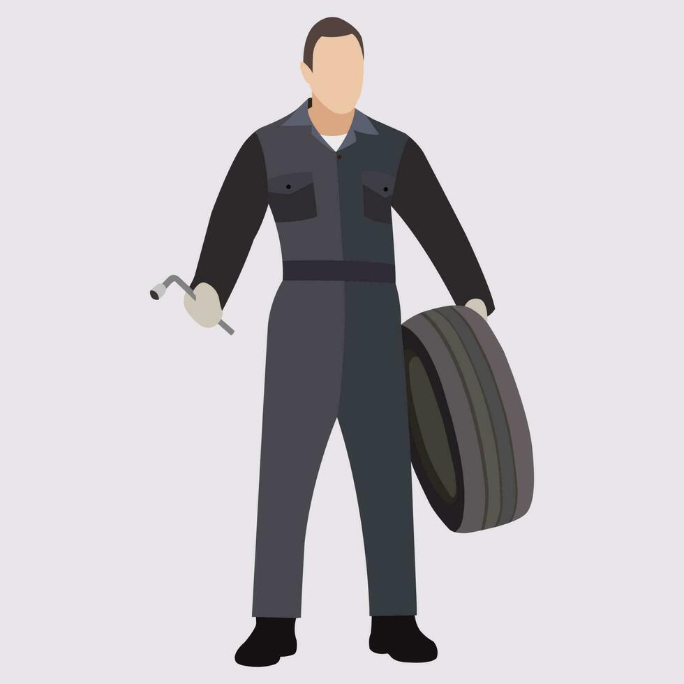 A beautiful auto mechanic holding a wrench and a tire vector art work.