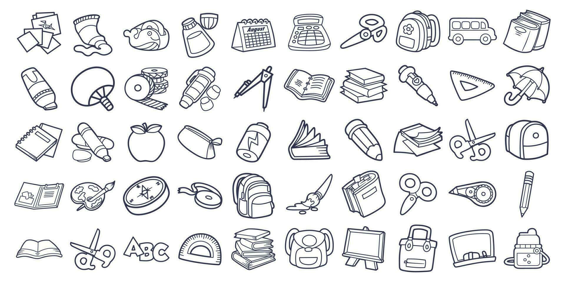 Vector set bundle doodle line art various attributes of school and academic equipment