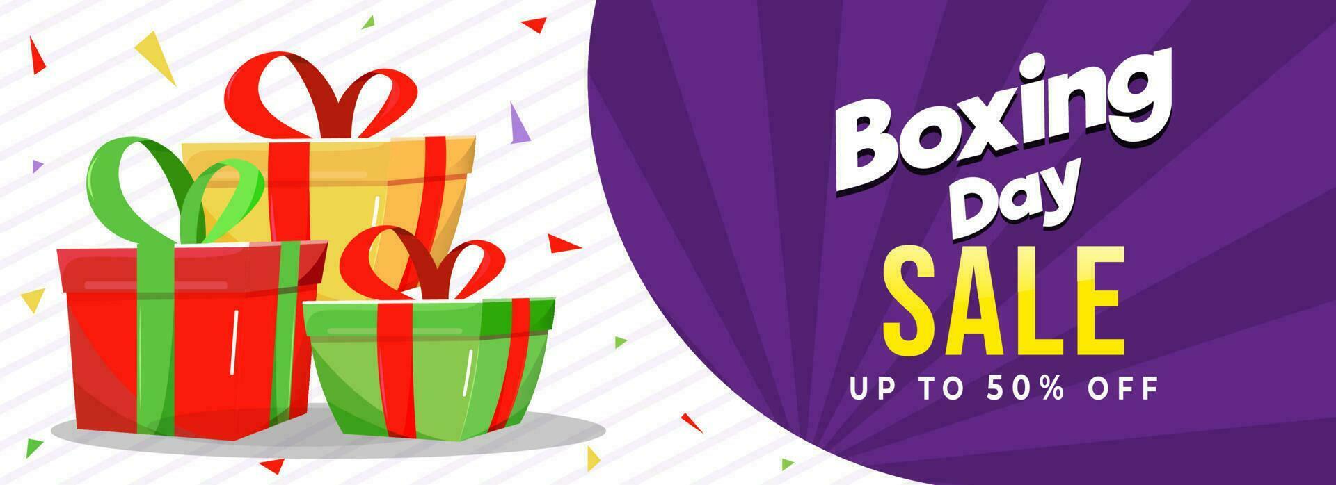 Boxing Day Sale header or banner design with discount offer and gift boxes on white striped and purple rays background. vector