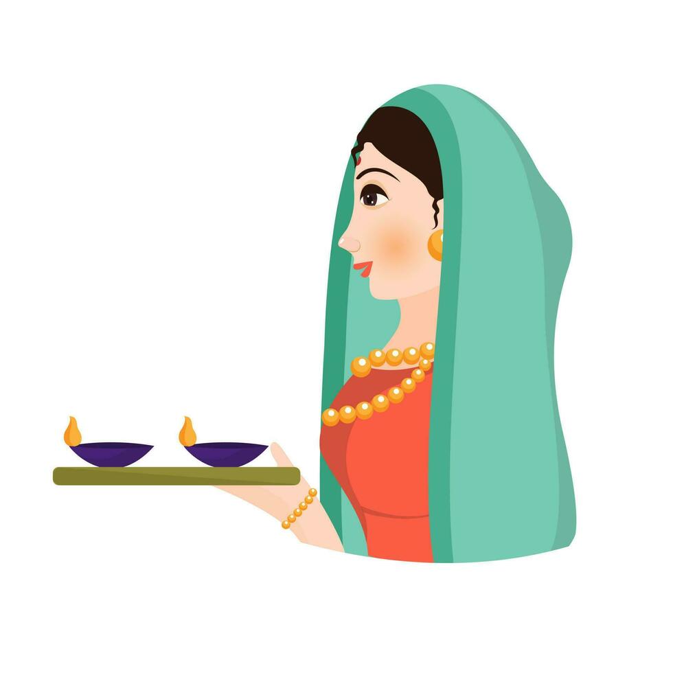 Beautiful woman holding plate of oil lamp on white background. vector