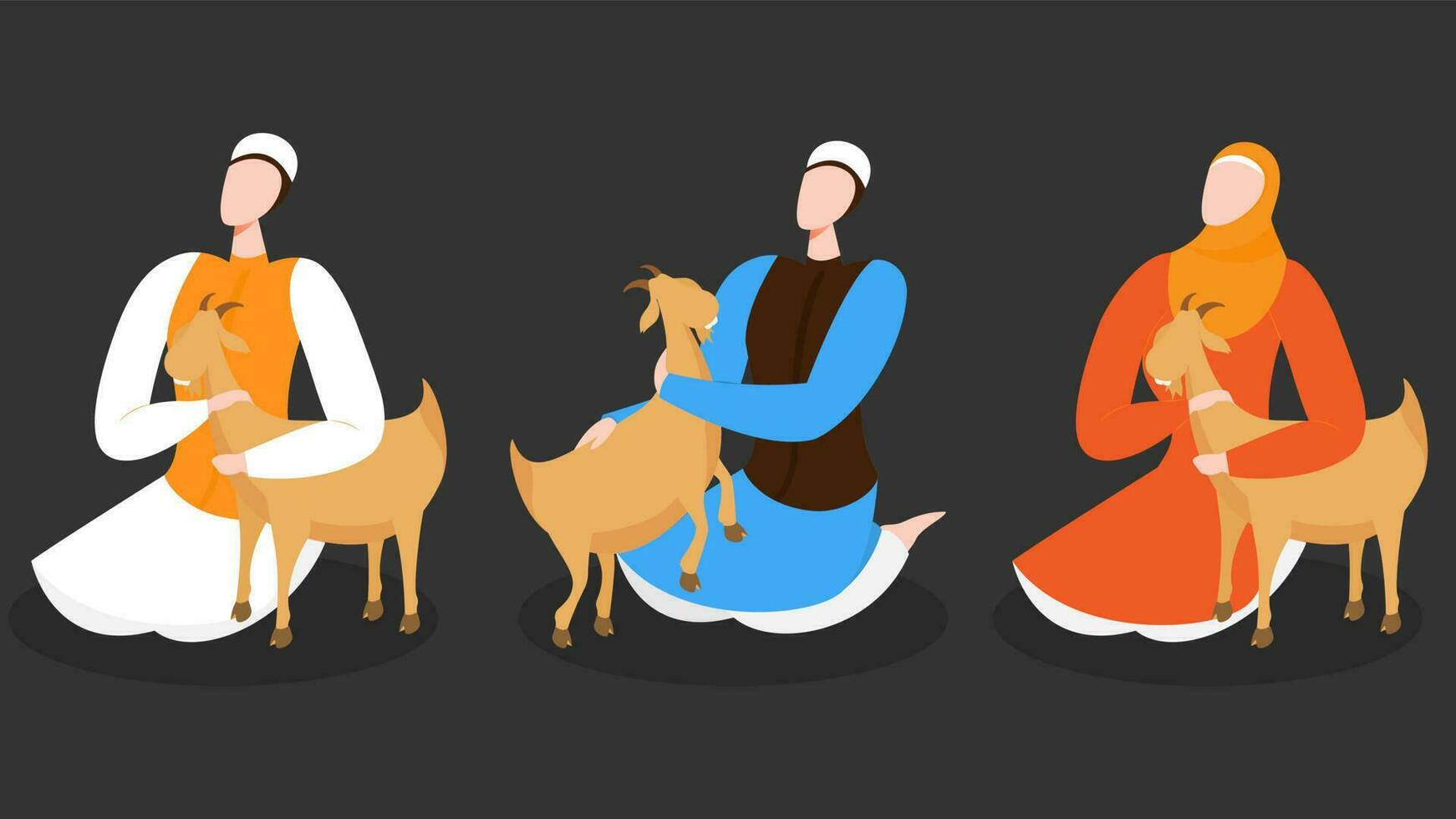 Faceless character of man wearing their traditional clothes and holding goat on black background concept for Islamic festival. vector