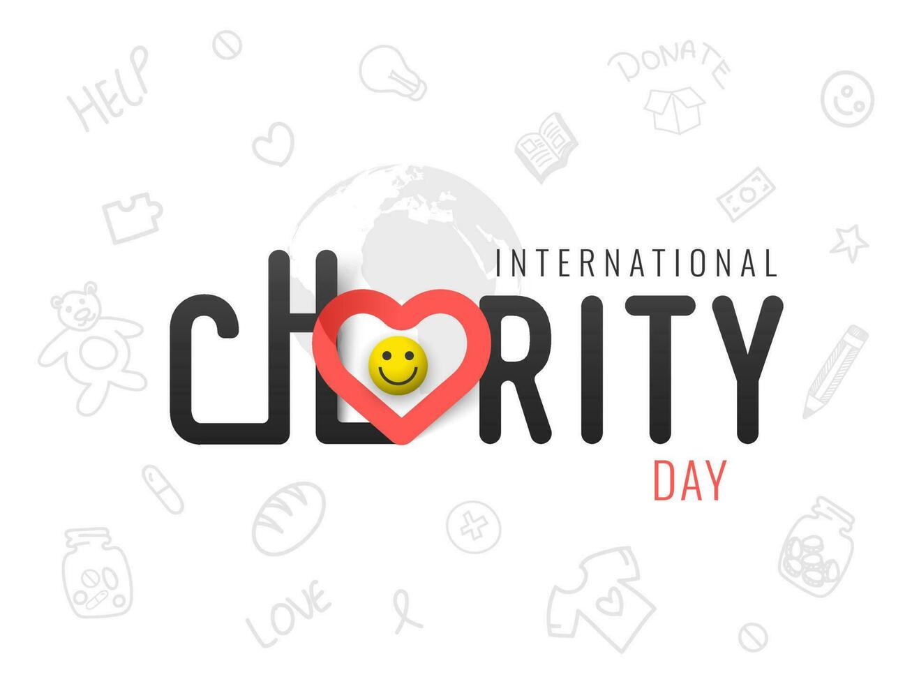 Creative International Charity Day poster or banner design decorated with doodle charity element like as book, toy, medicine and money. vector