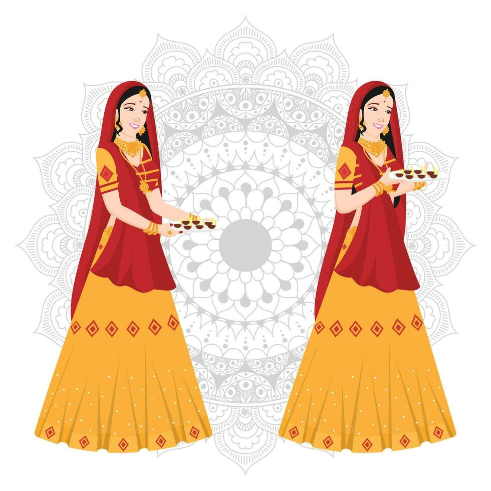 Beautiful women holding plate of oil lamp on mandala pattern background. vector