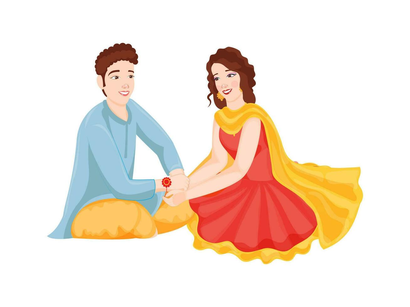 Beautiful sister tying Rakhi on her brother's wrist. vector